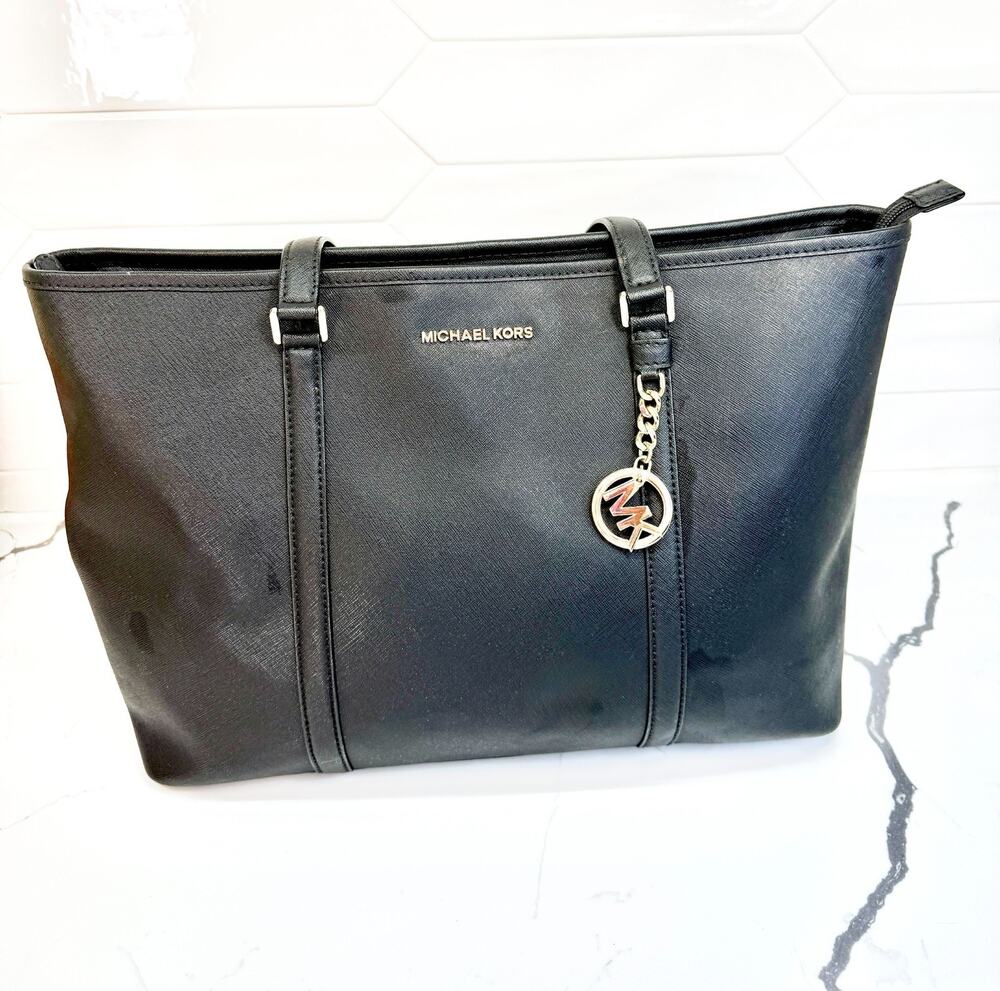 Michael Kors Jet Set Travel Black Saffiano Leather Tote MK Charm Gold